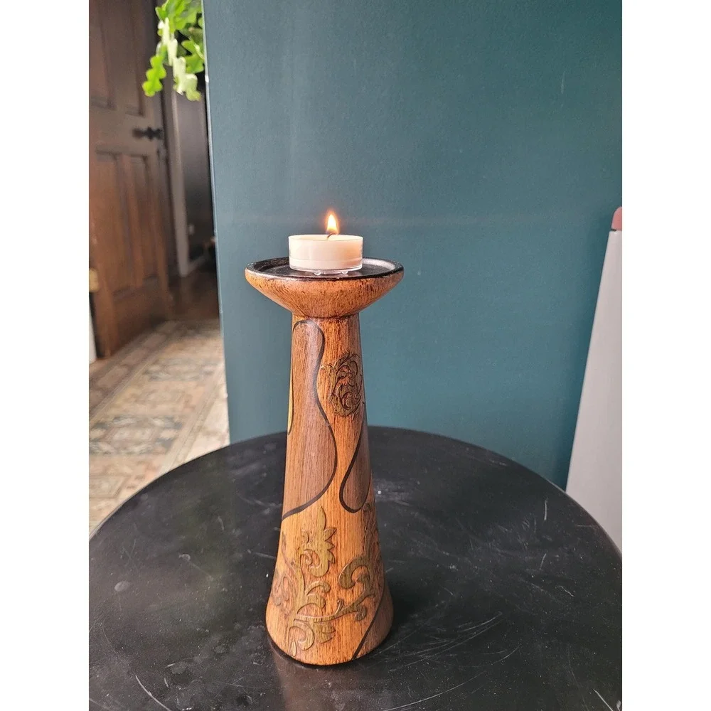 Vintage Ceramic Candle Holder Faux Bois Wood Brass Raised Scrollwork Tall Boho‎